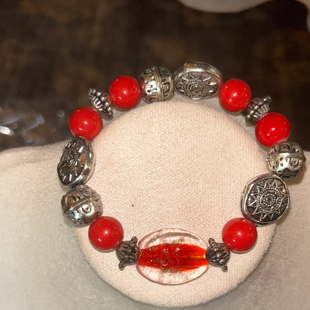 Red and Silver Beaded Bracelet